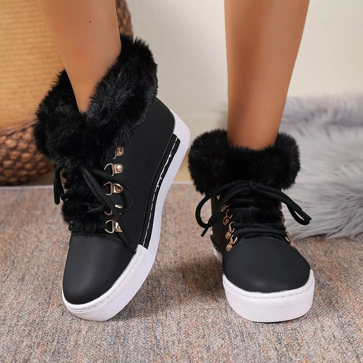 Fur lined round toe platform boots angled pair
