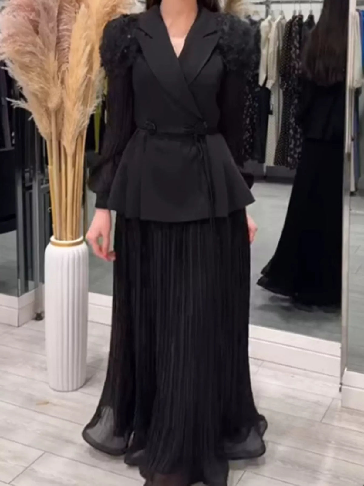 Frill Lapel Collar Top and Pleated Skirt Set, view 26