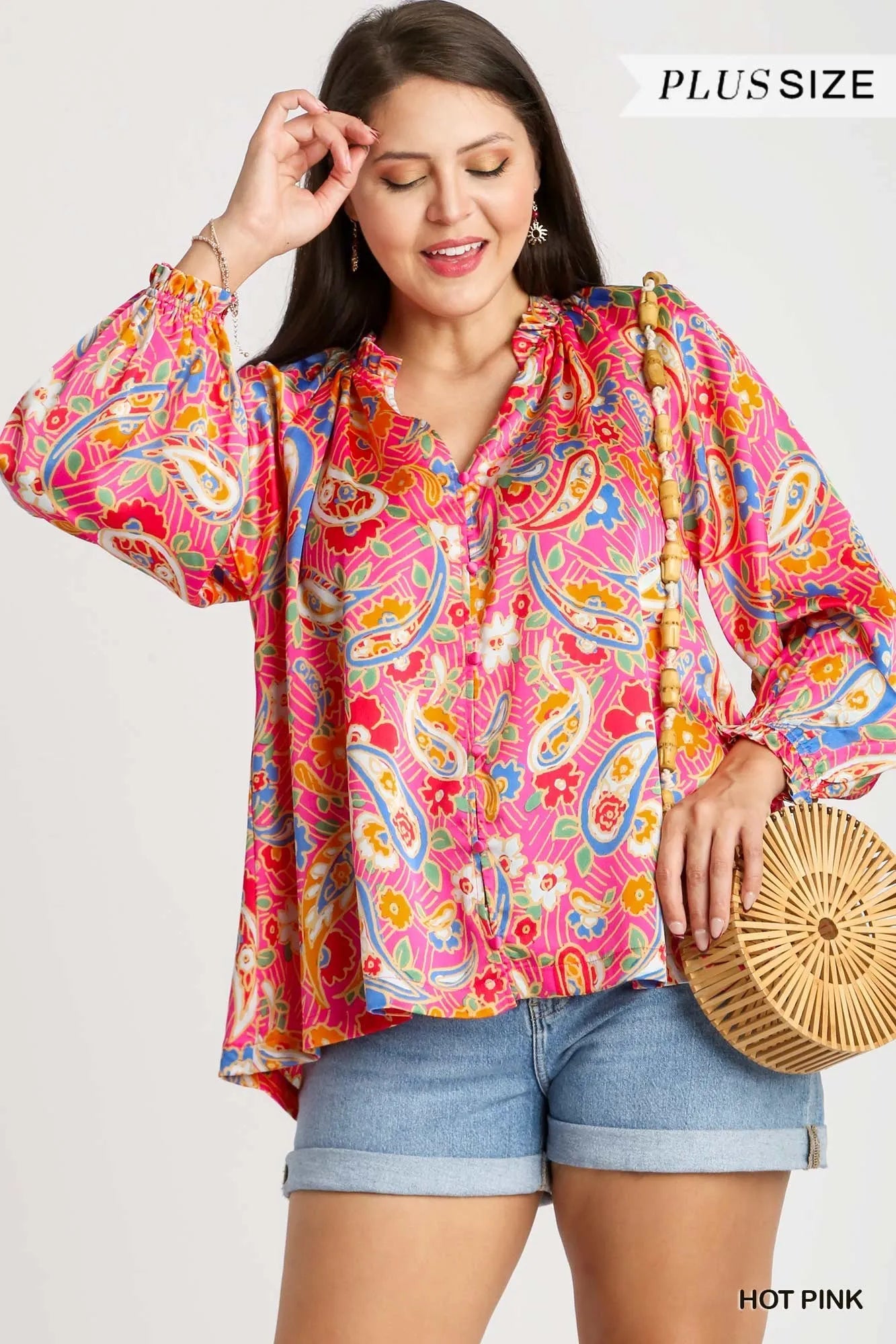 Umgee Full Size Satin Paisley Ruffle Neck Button-Up Shirt Plus Size - Fashorio