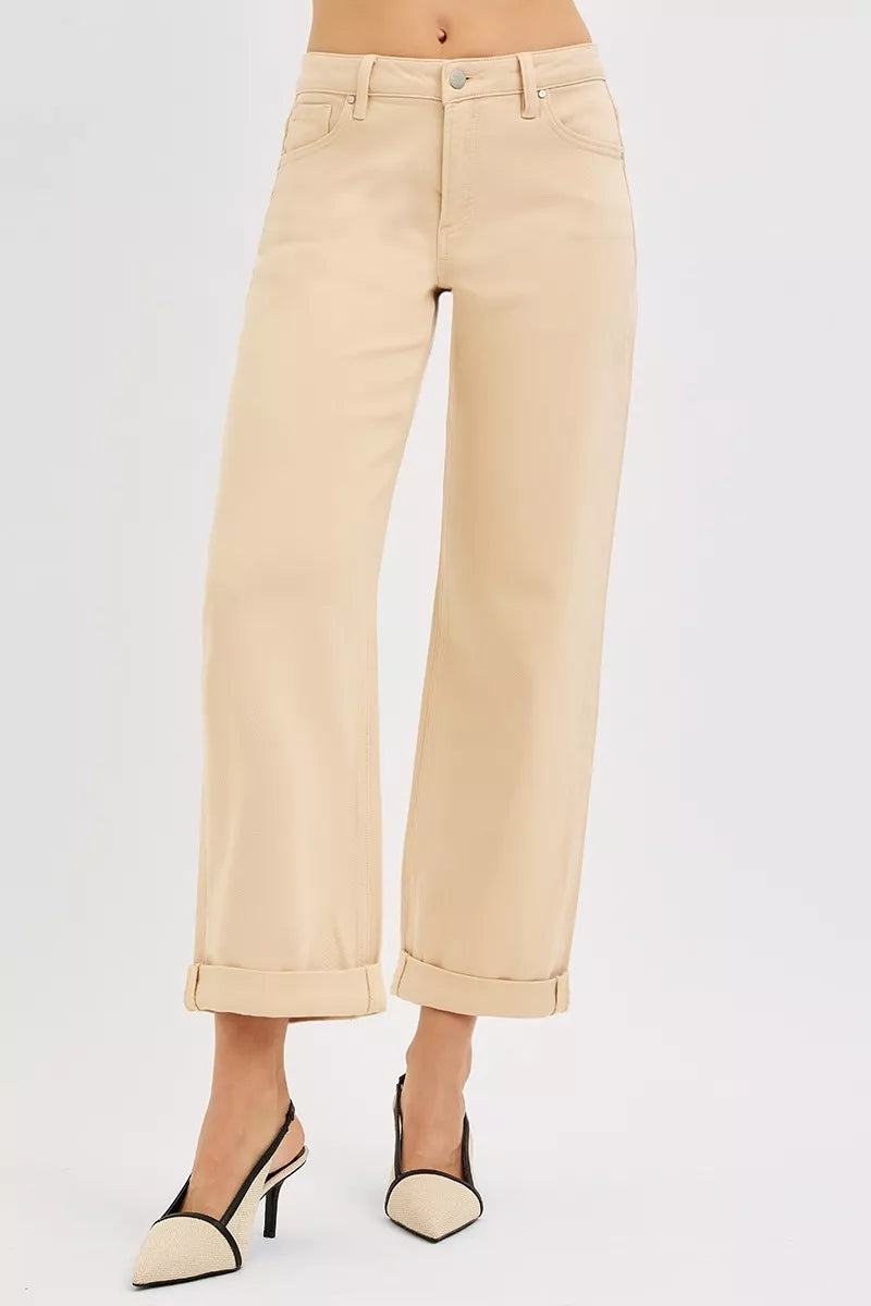 Barrel leg denim side profile showing rounded shape