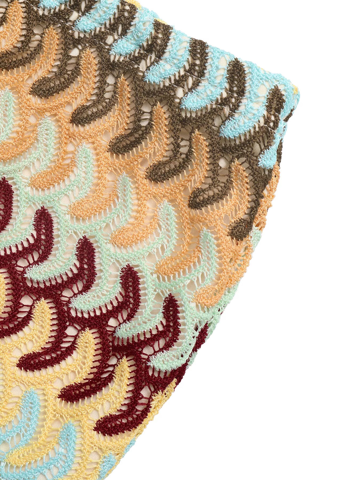 Yellow crochet drawstring mini skirt, fabric texture detail