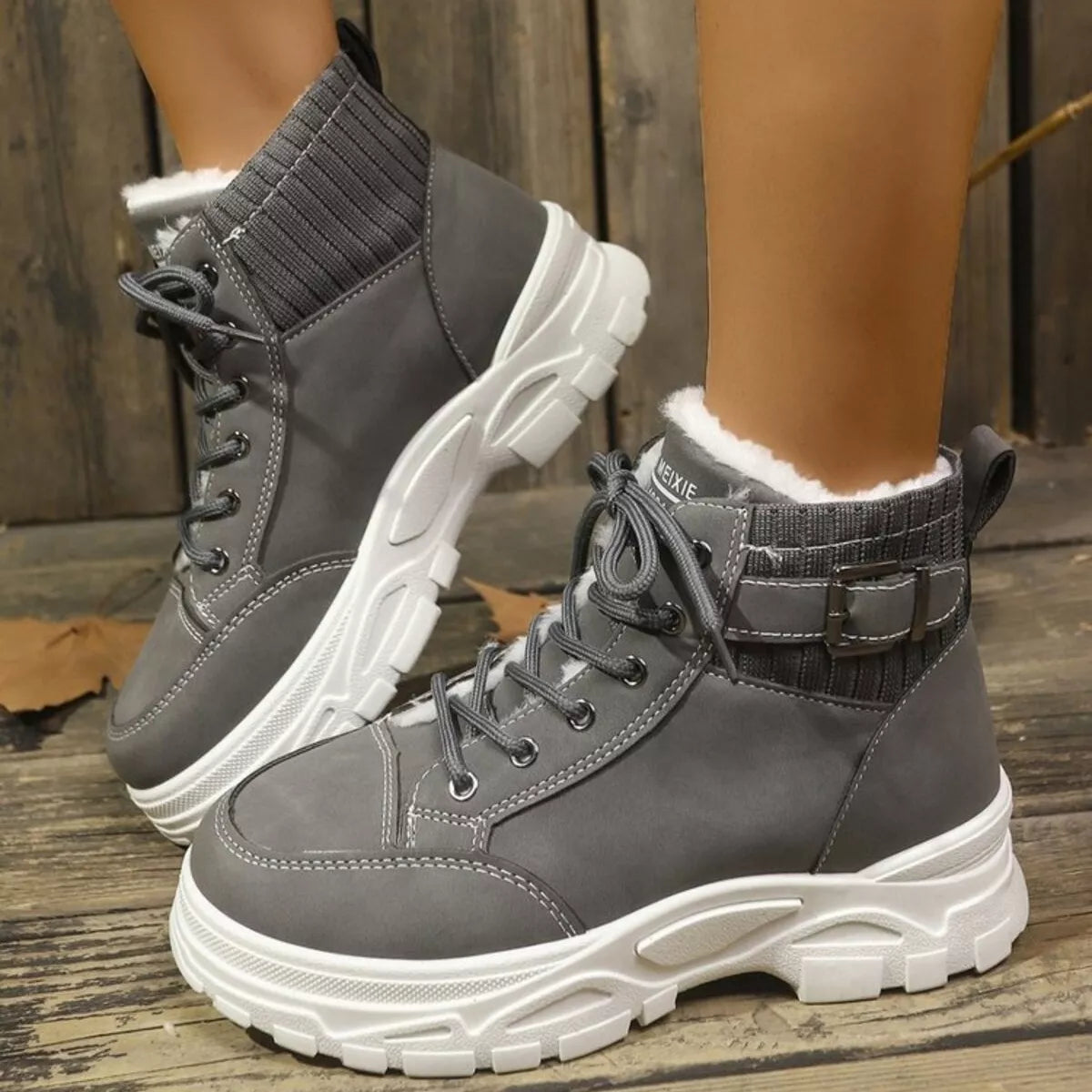 Plush lining lace up boots styled on model