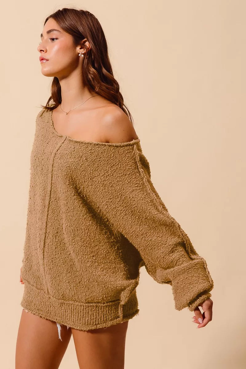 Slouchy Boucle Exposed Seam Sweater in Taupe view 8
