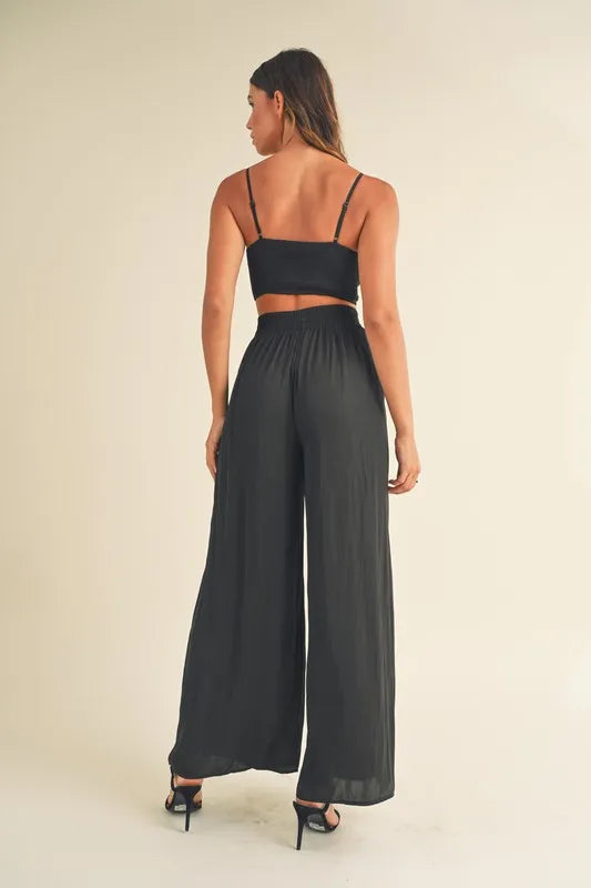 MABLE Smocked Bralette Crop Top and Wide Leg Pants Set - Fashorio