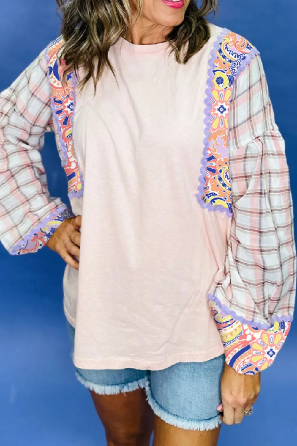 Paisley Print Plaid Long Sleeve Oversized Top Blush Pink - Fashorio