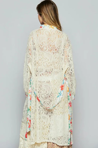 POL Floral Trim Lace Open Front Longline Cardigan - Fashorio