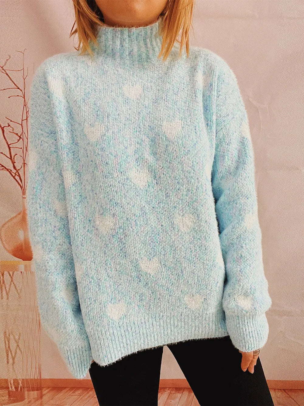 Heart Heathered Turtleneck Drop Shoulder Sweater Mint Blue One Size - Fashorio