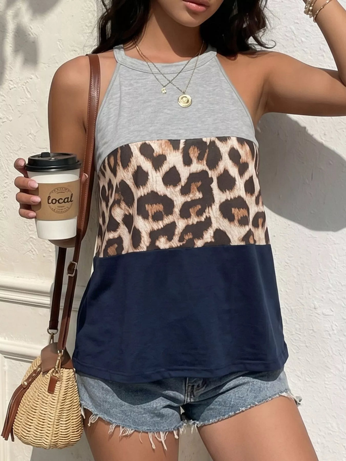 Leopard print color block tank front view