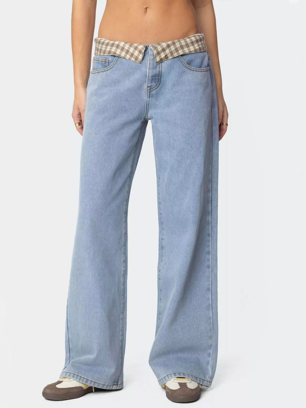 Wide leg jeans plaid trim detail