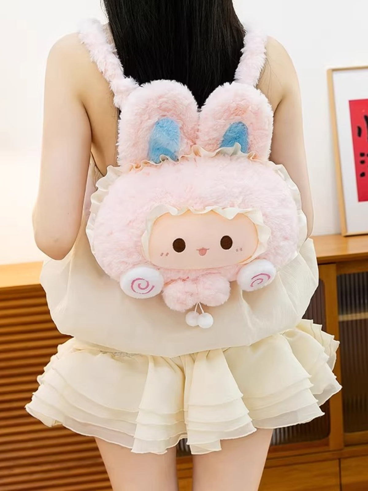 pink plush bunny backpack interior storage view
