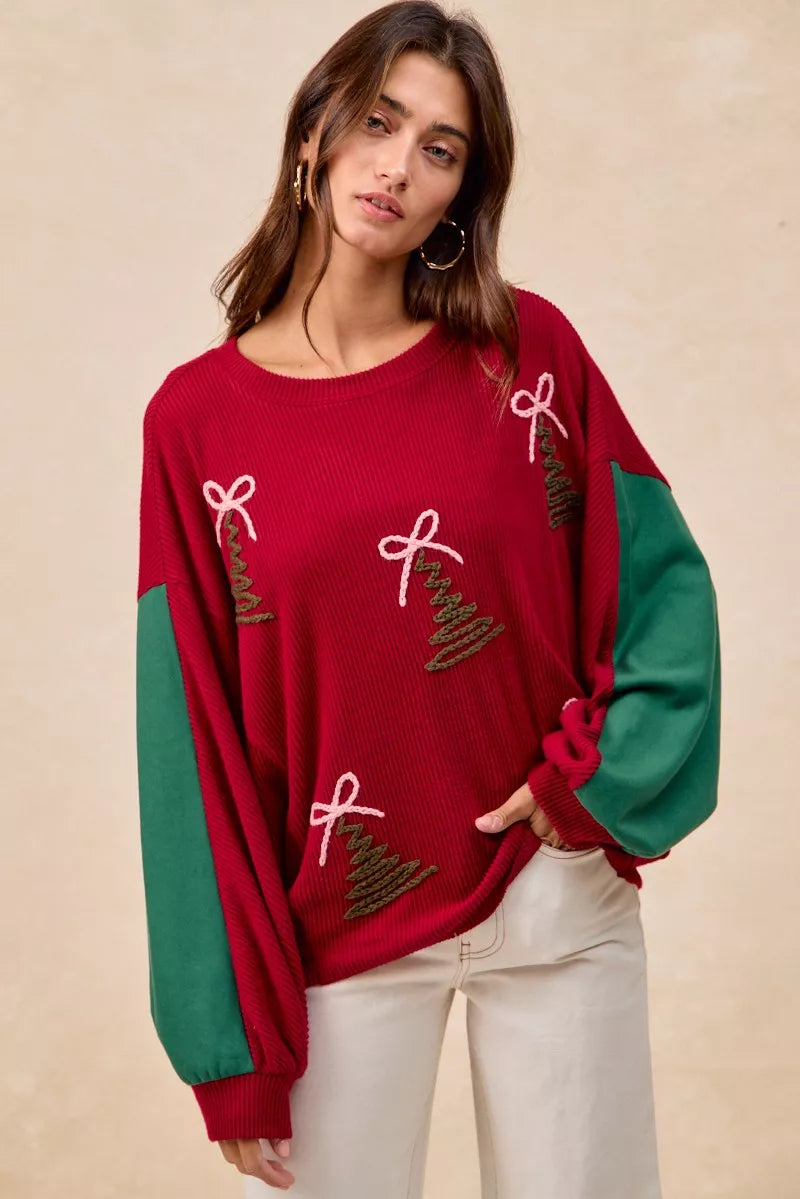 Embroidered Christmas Tree Sweater in Red view 8