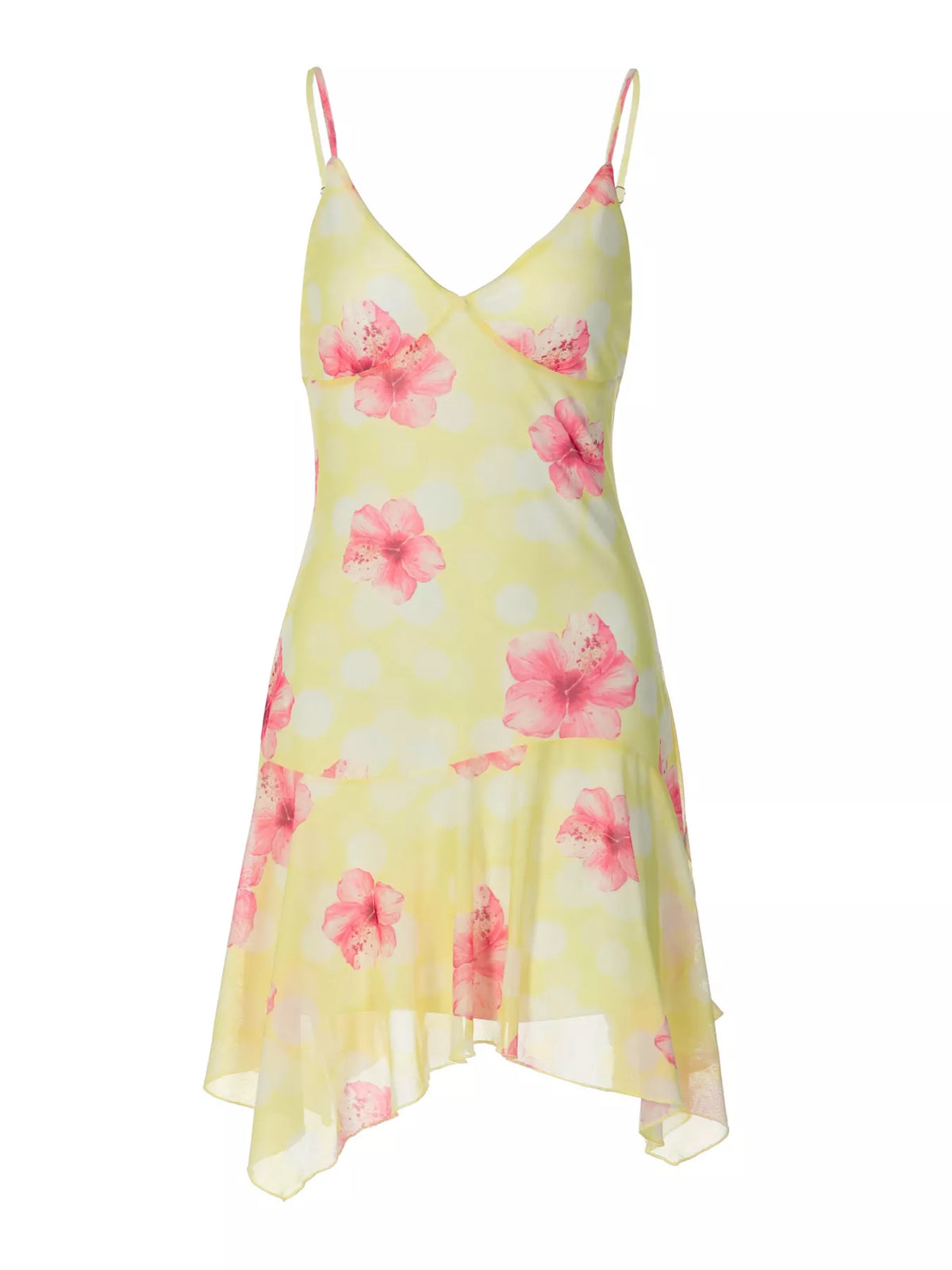 Angled view of the ruffled asymmetrical hem