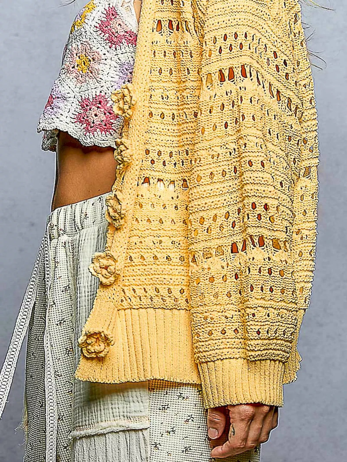 Yellow Floral Button Open Knit Cardigan, view 6