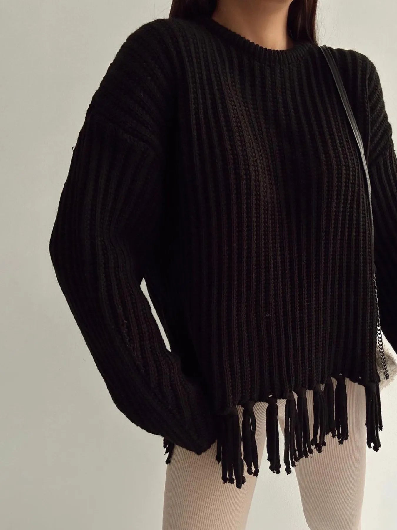 Fringe Round Neck Long Sleeve Sweater Black - Fashorio