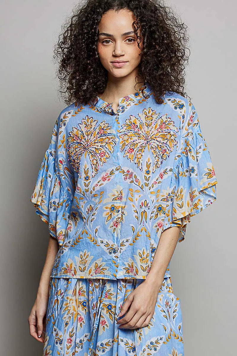 POL floral ruffle sleeve button shirt in blue multi, front view