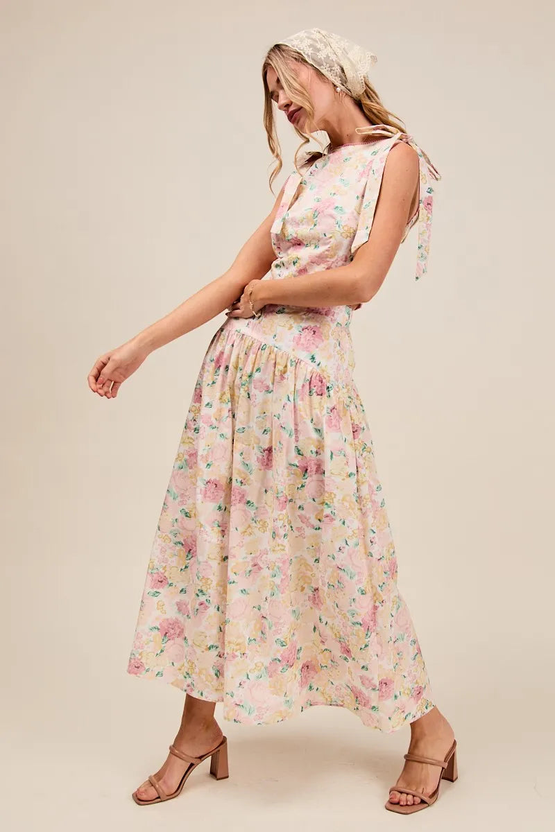 SO ME Floral Printed Woven Shoulder Bow Tie Top and Skirt Set - Fashorio