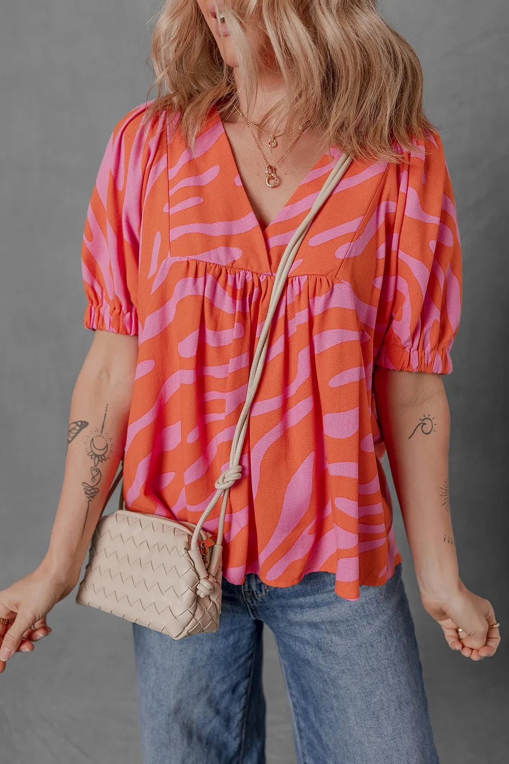 Zebra print V neck half sleeve blouse front view