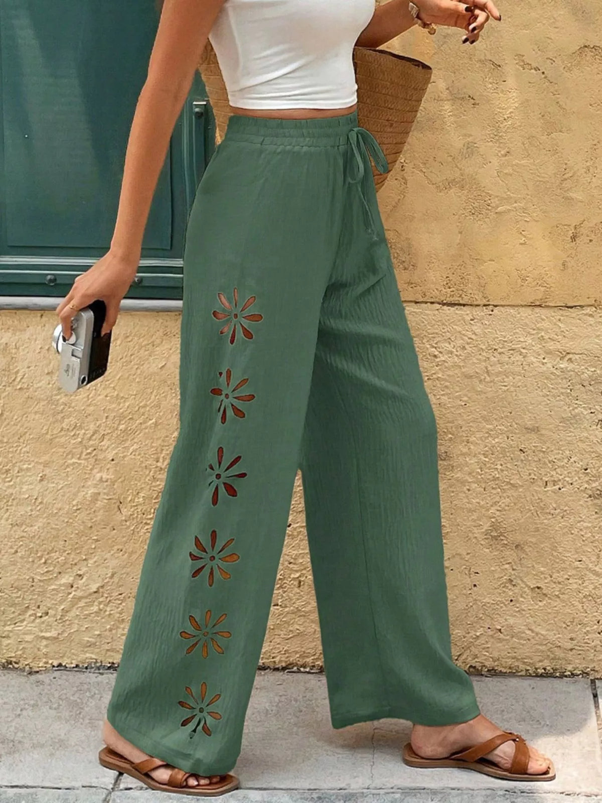 Apricot casual wide leg drawstring pants front view