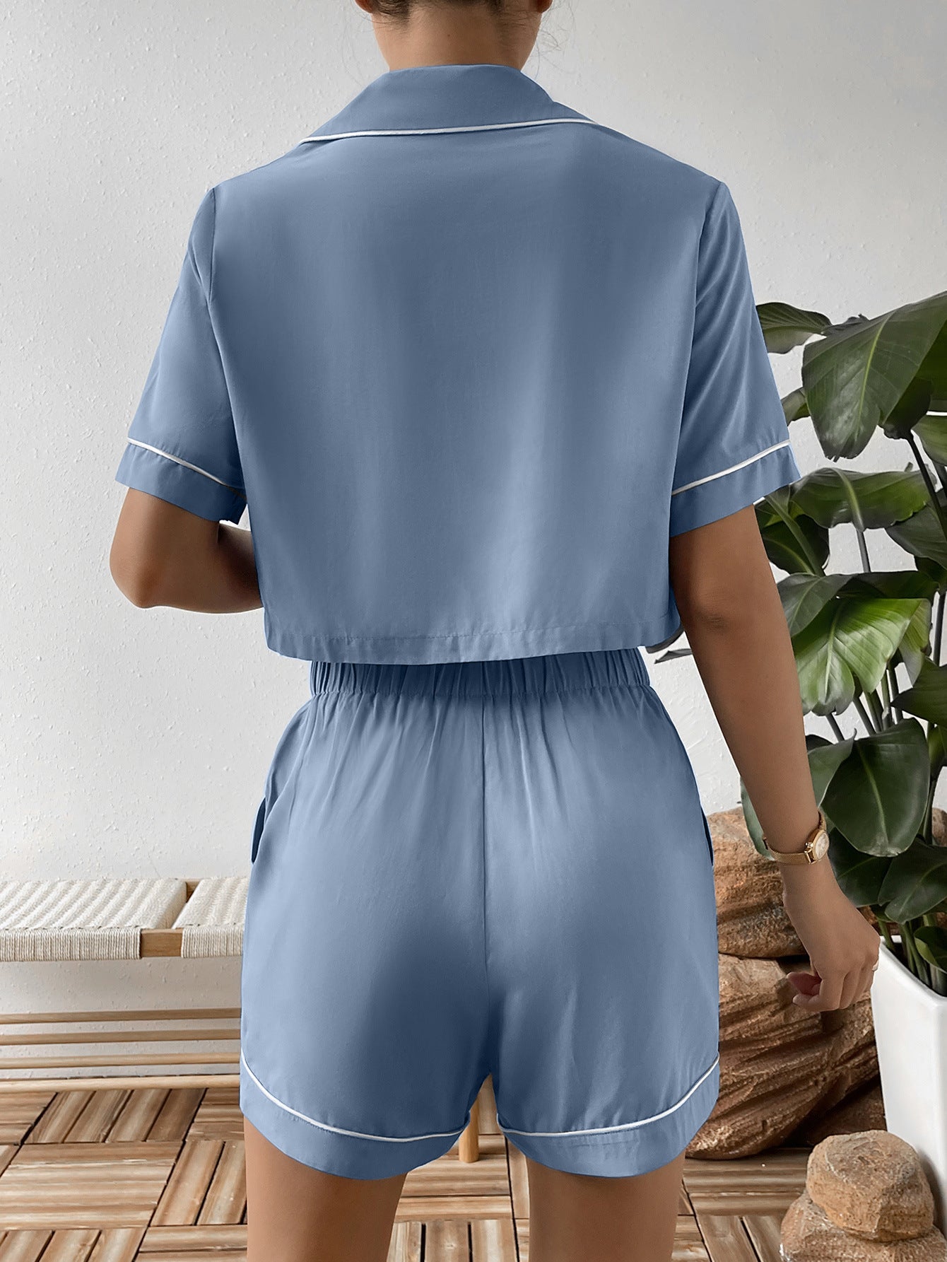 Ivy Lane Contrast Lapel Collar Cropped Shirt and Shorts Lounge Set - Fashorio