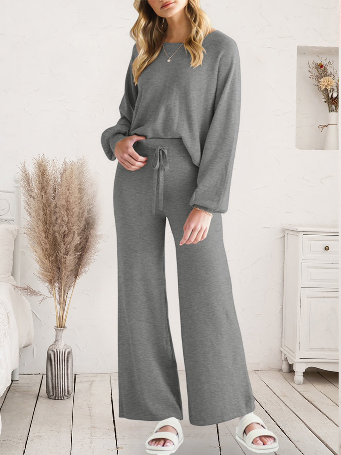 Long Sleeve Lounge Top and Drawstring Pants Set Dark Gray - Fashorio