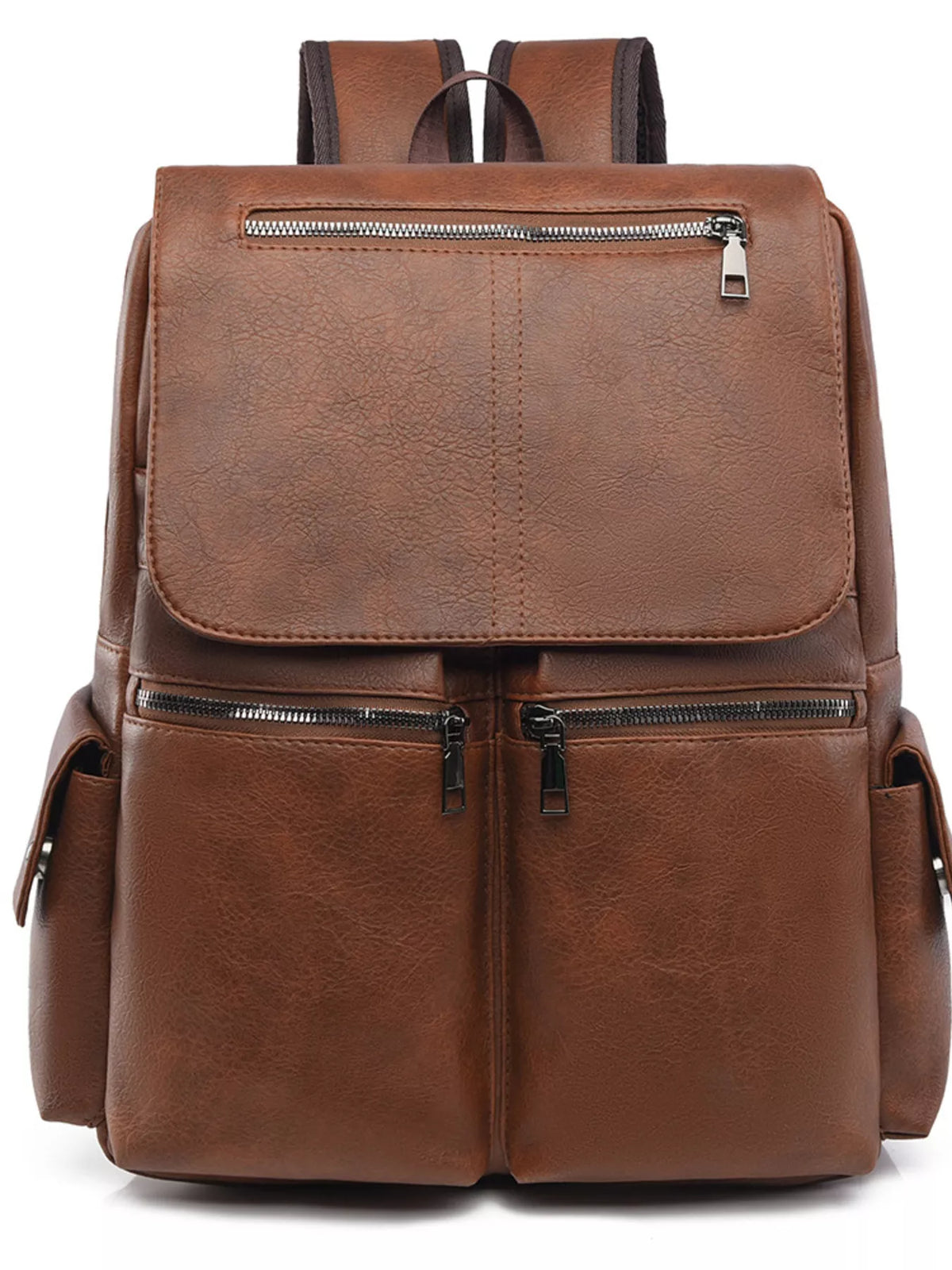 Faux leather flapover backpack close up of the material