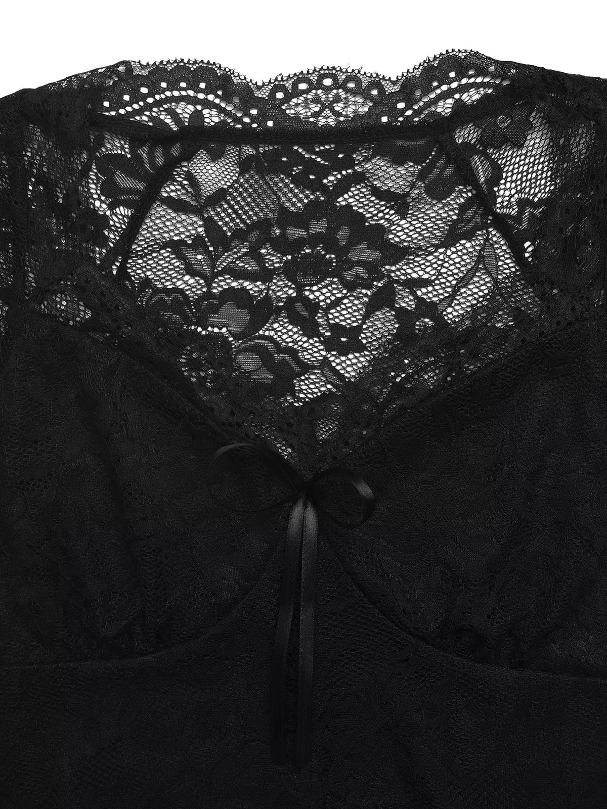 Black lace slim fit top with bow detail front view