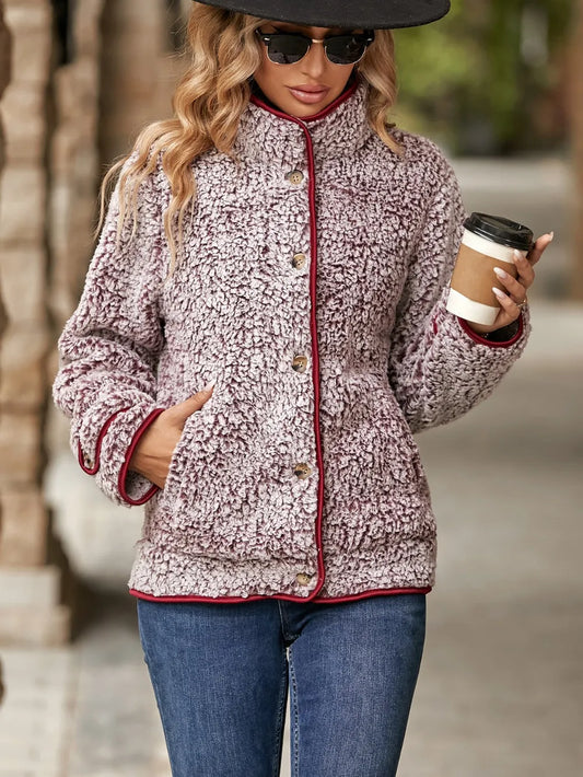 Fuzzy Pocketed Button Up Jacket Burgundy - Fashorio