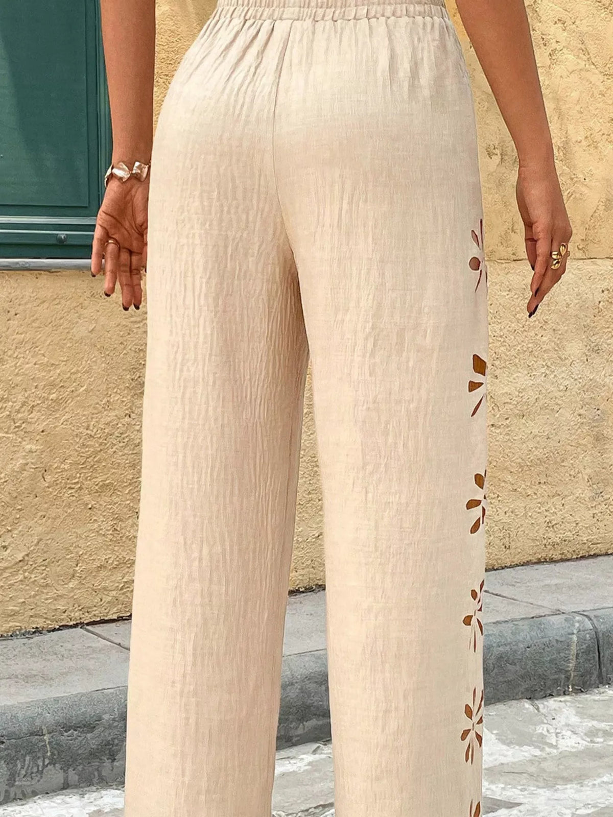 Apricot casual wide leg drawstring pants front view