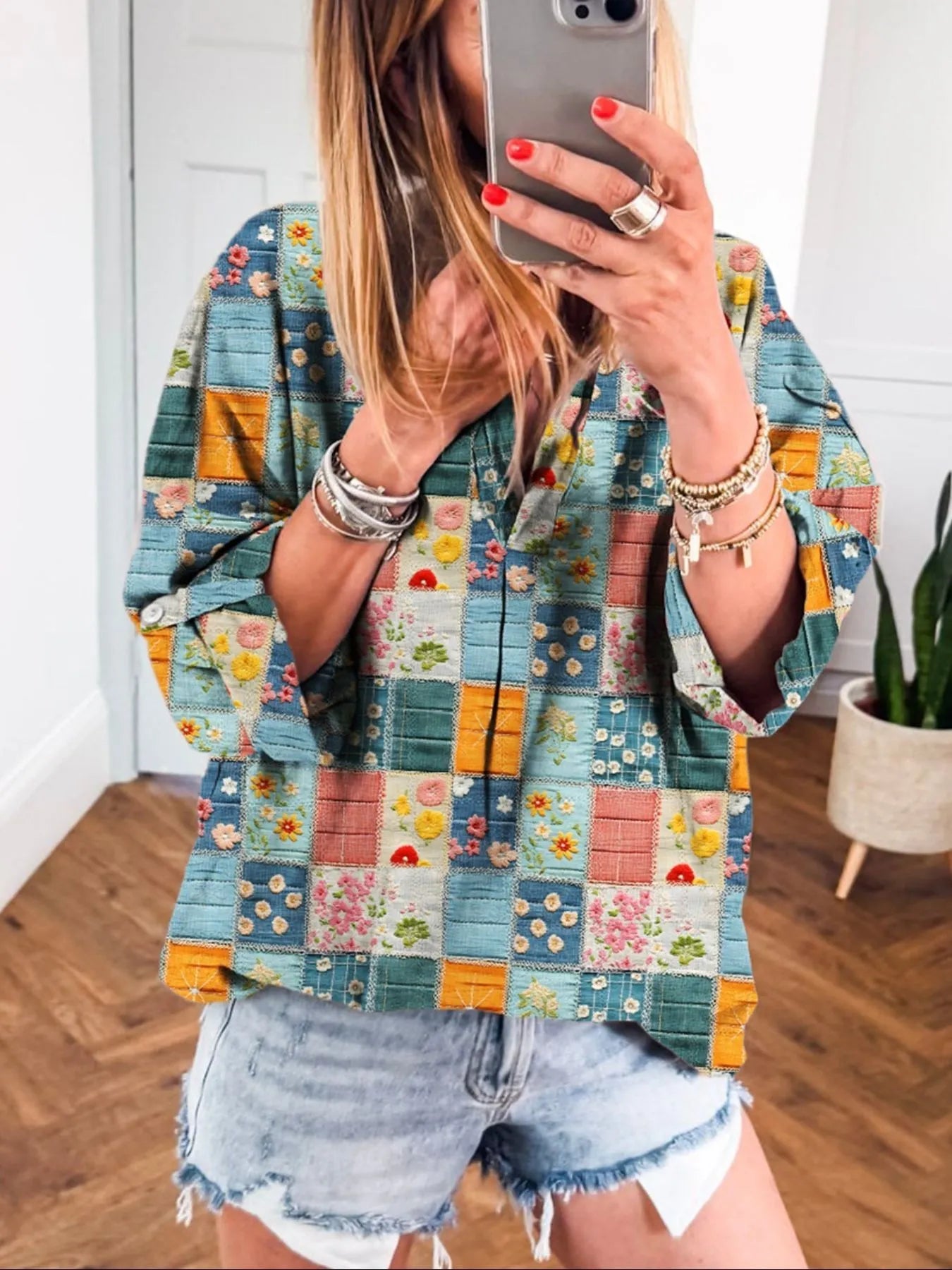 Patchwork Print Notched Long Sleeve Blouse Floral - Fashorio