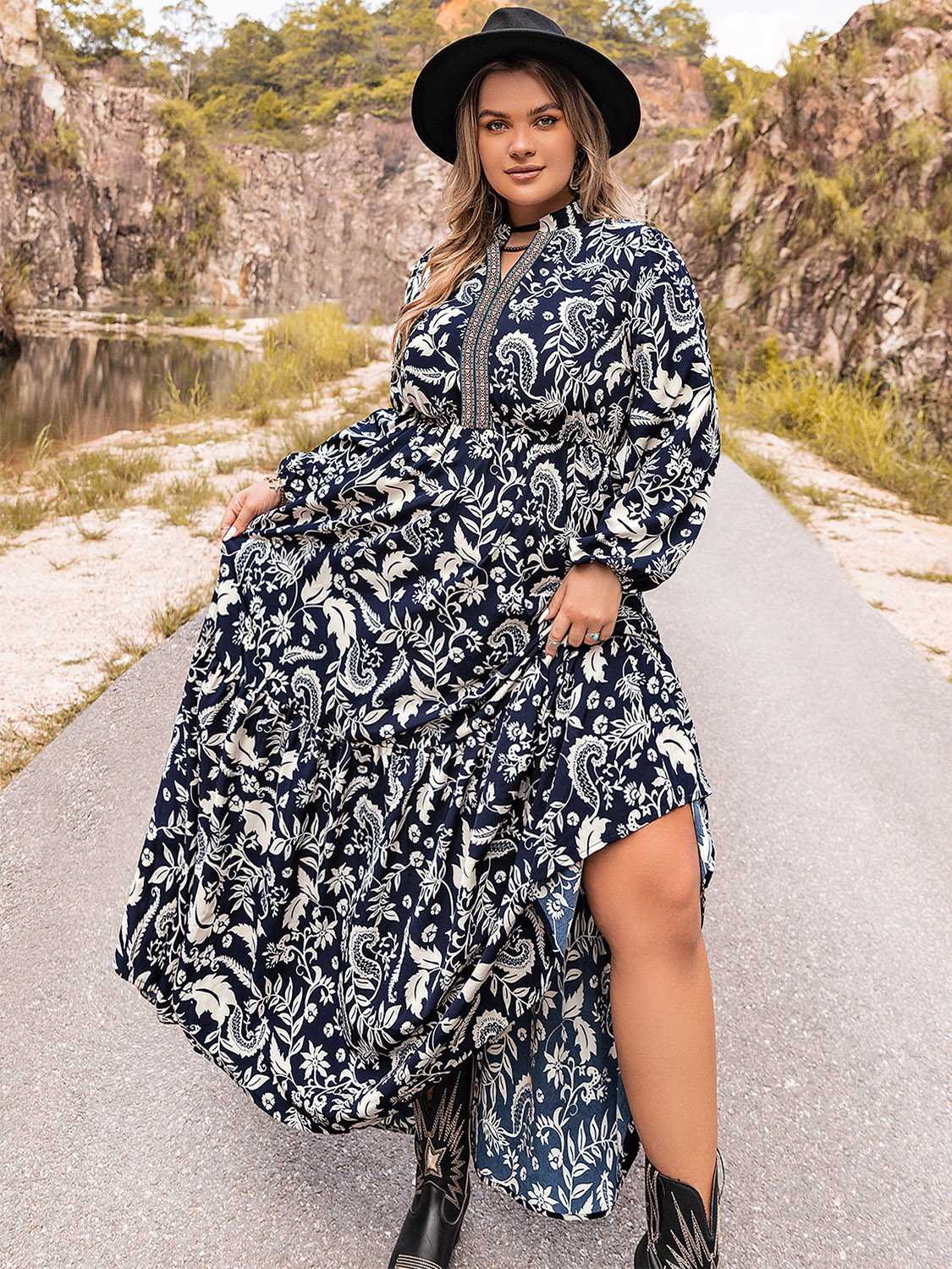 Dark navy plus size long sleeve maxi dress front view