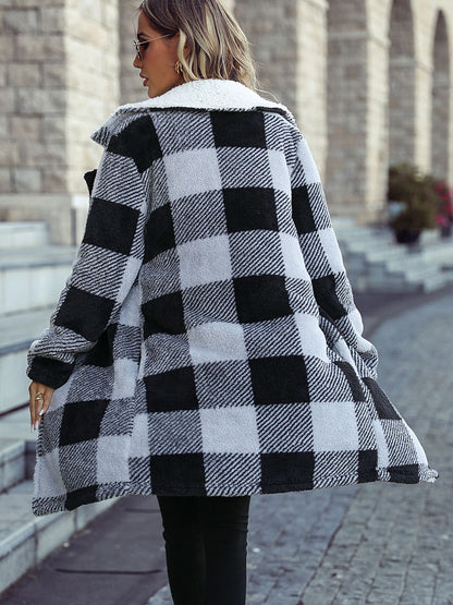 Plaid Open Front Coat with Pockets - Fashorio