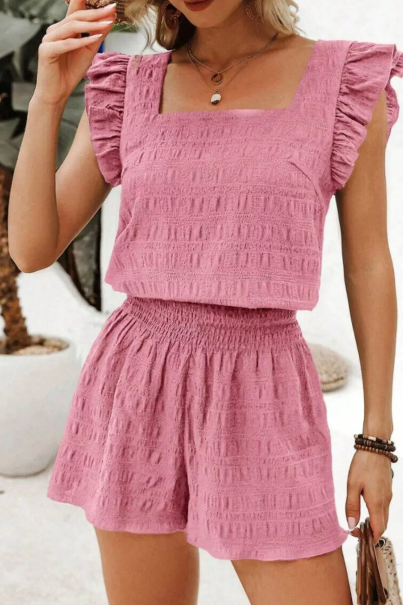 Ruffled sleeve textured top and shorts set dusty pink front view