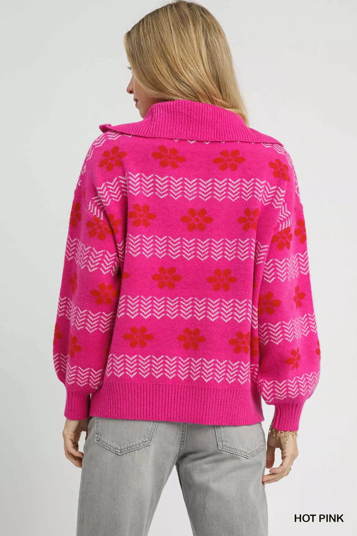 Floral Jacquard Quarter Zip Pullover in Hot Pink back view
