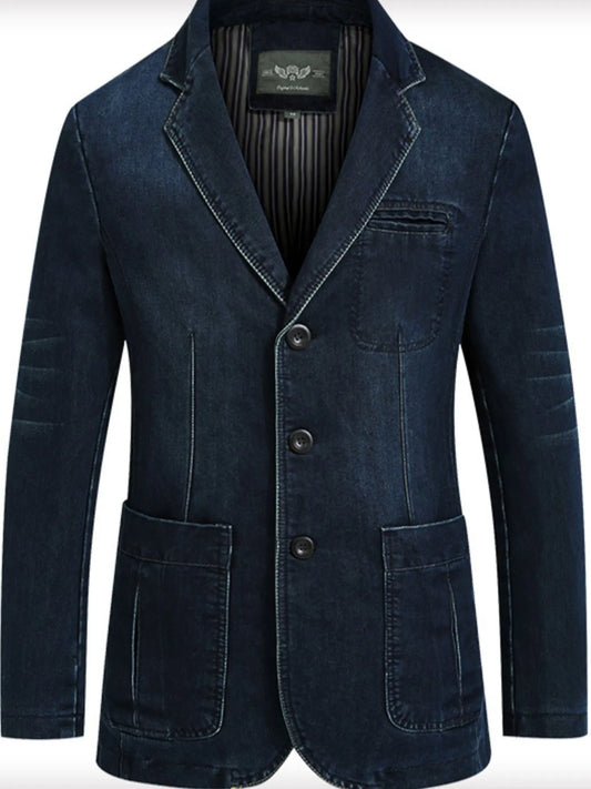 Men's Plus Size Single-Breasted Denim Blazer Jacket Dark Blue - Fashorio