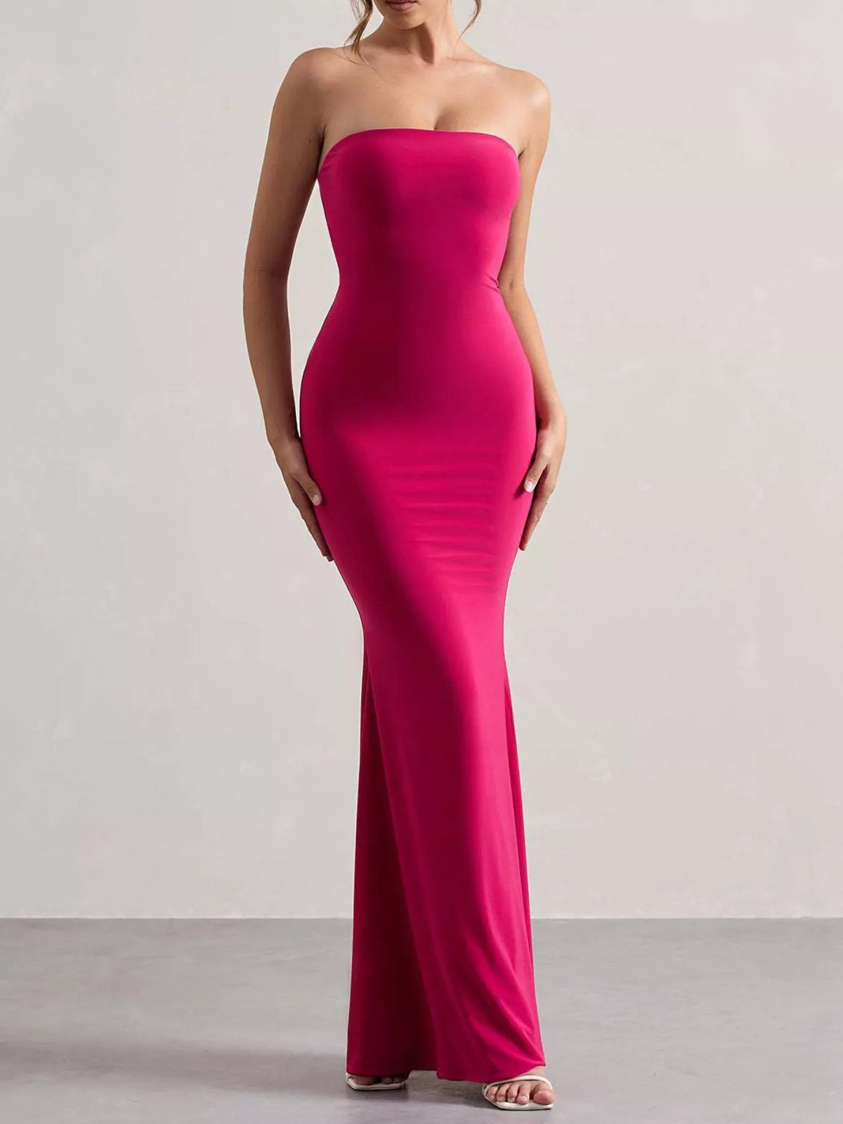 strapless tube bodycon maxi dress hemline detail