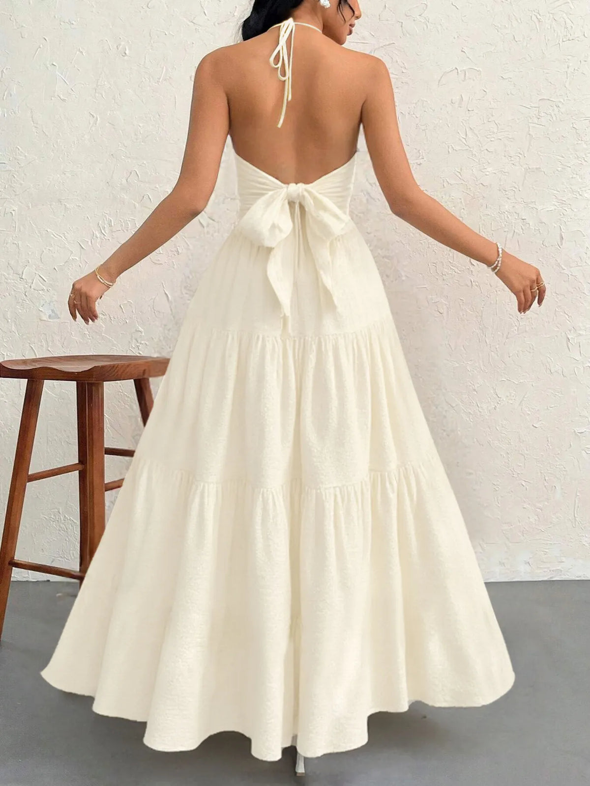 halter neck tiered backless maxi dress full length view