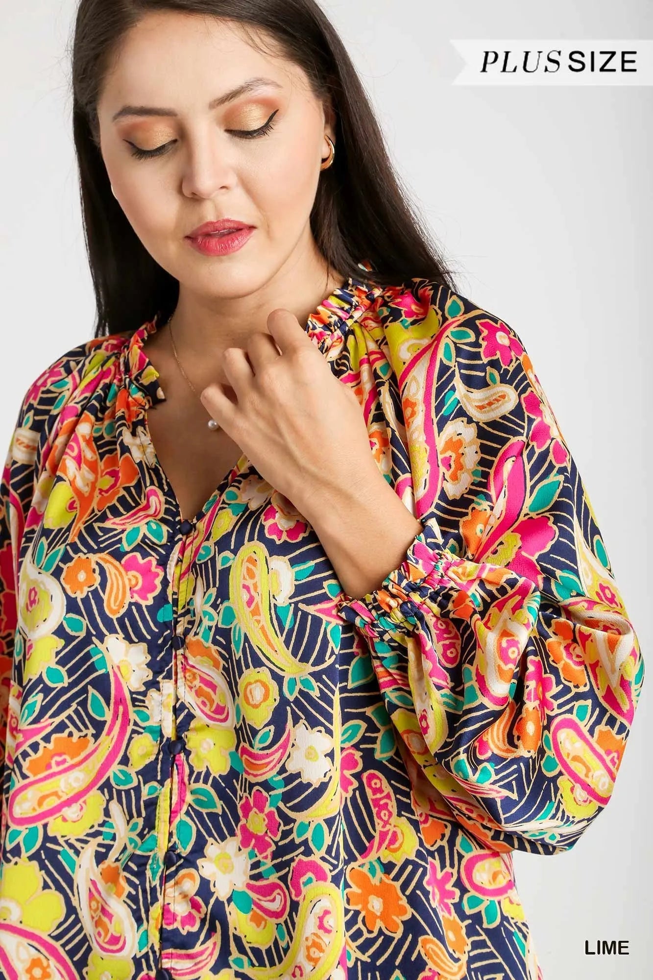 Umgee Full Size Satin Paisley Ruffle Neck Button-Up Shirt Plus Size - Fashorio