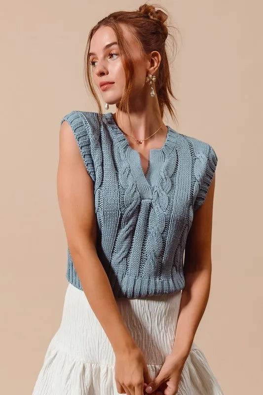 Notched Neck Cable Knit Sweater Vest in Denim Blue styled look