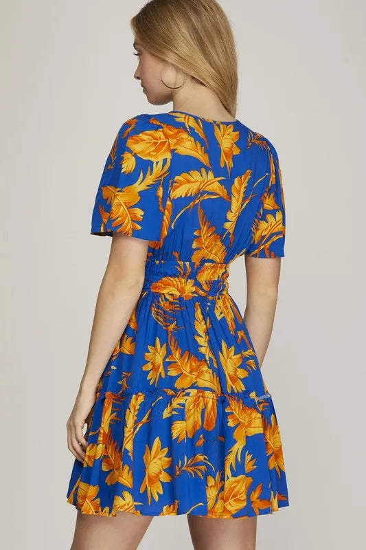 Printed Notched Short Sleeve Frill Tiered Dress back view