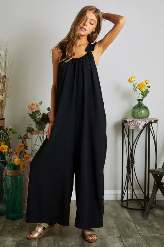 Elastic Ruffle Shoulder Jumpsuit styled look
