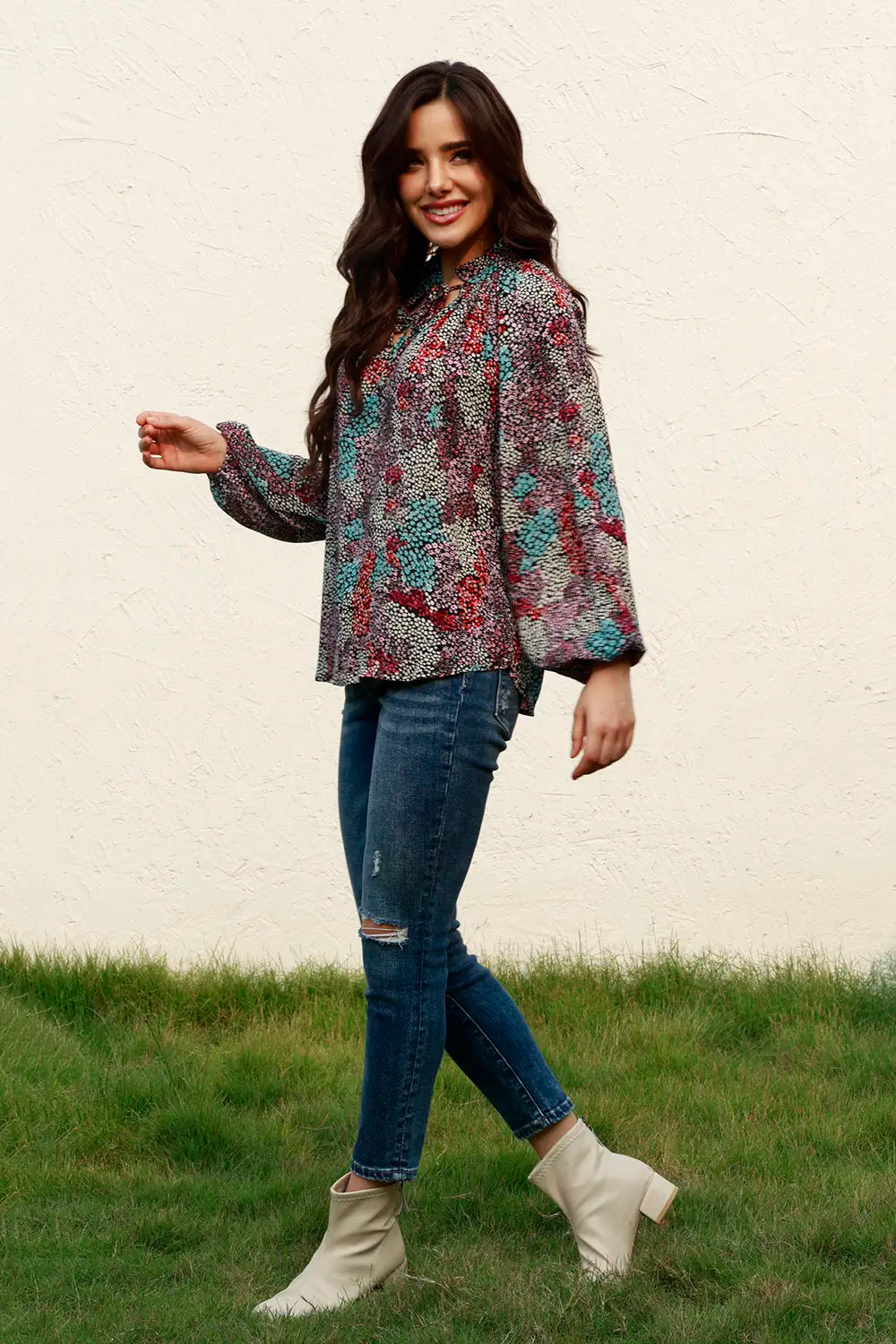 Tie Neck Heathered Balloon Sleeve Blouse - Fashorio