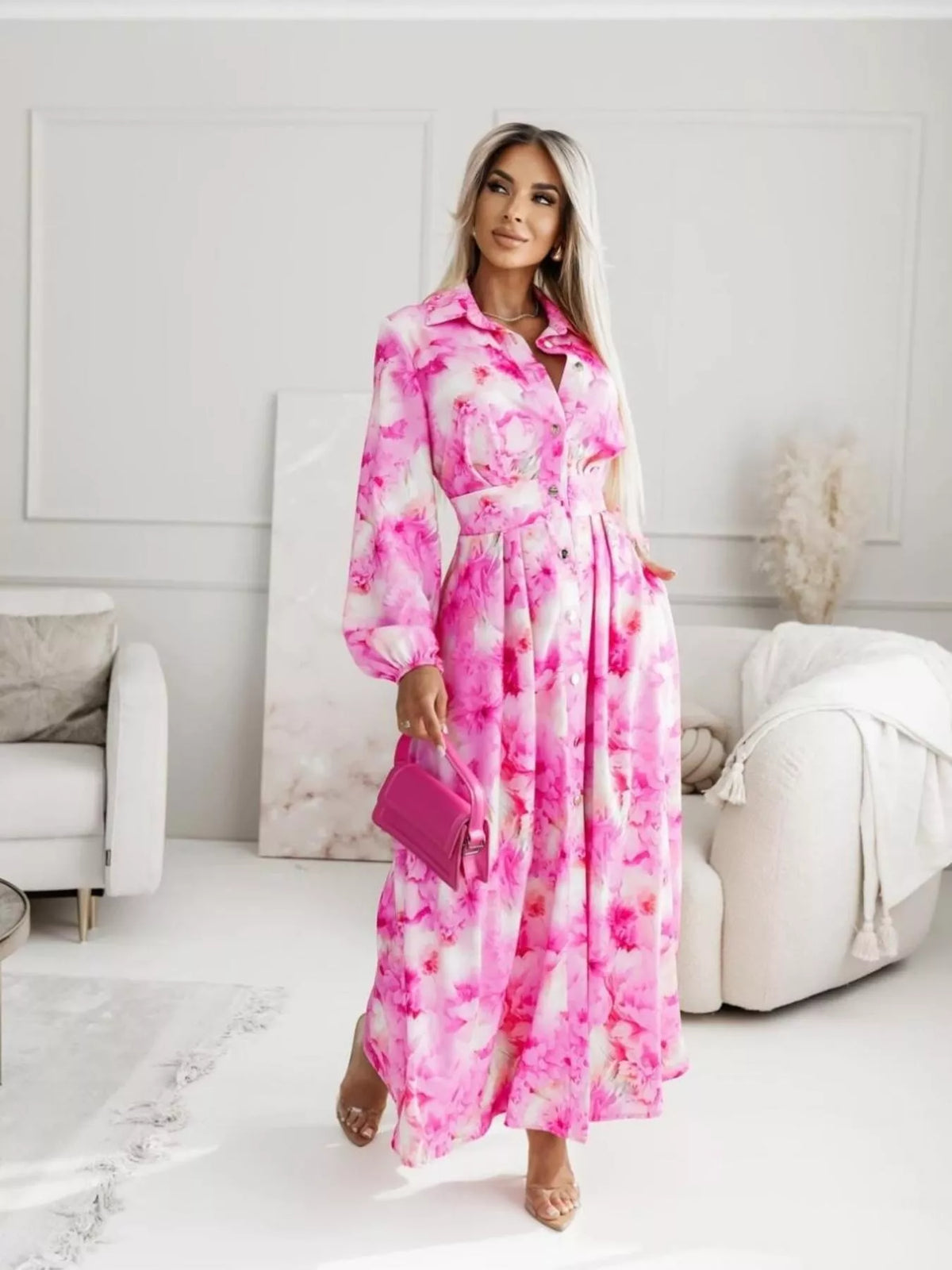 Printed button front maxi shirt dress hem detail