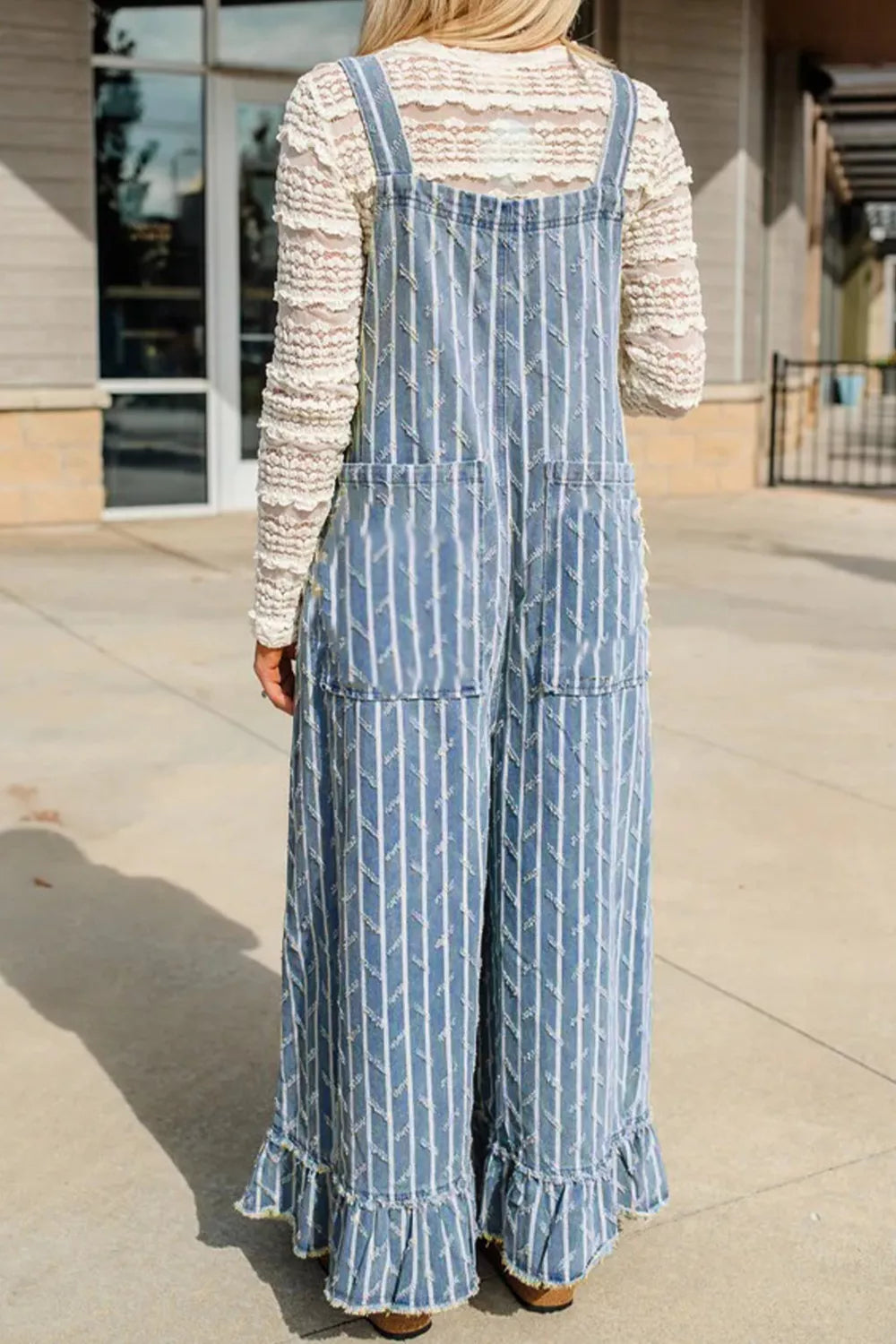 Denim overalls ruffle trim detail