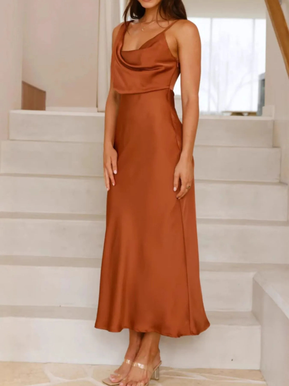 satin asymmetrical midi dress angled view