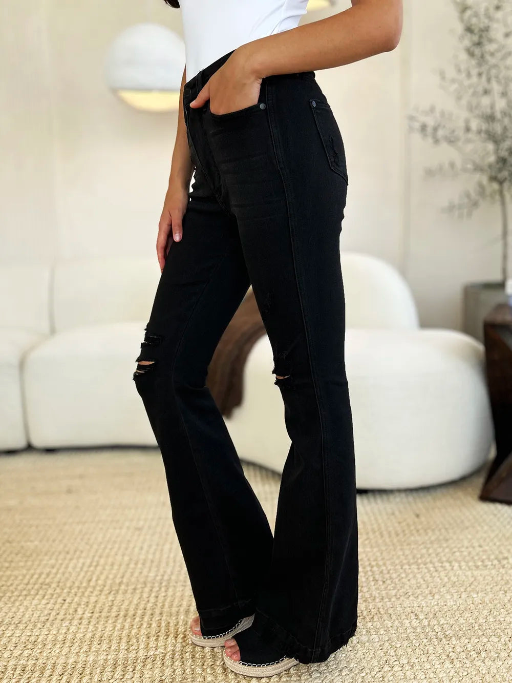 Judy Blue Full Size High Waist Distressed Flare Jeans - Fashorio