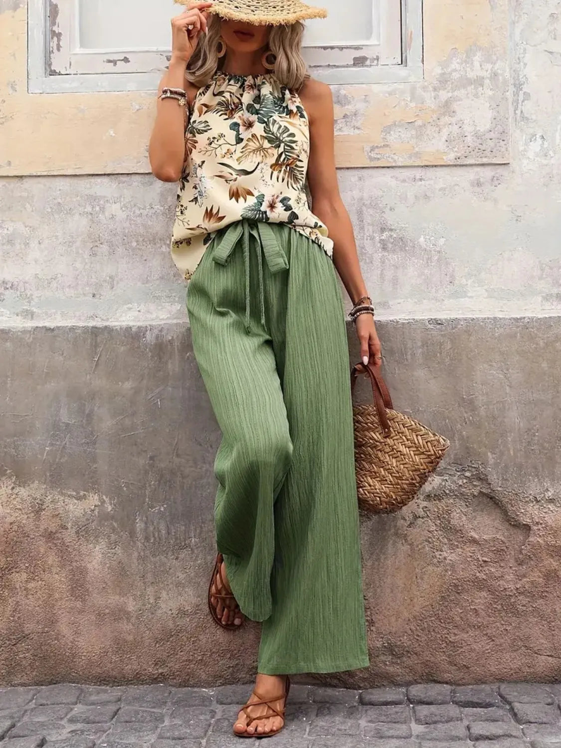 Printed Tank Top and Wide Leg Pants Set Sage - Fashorio