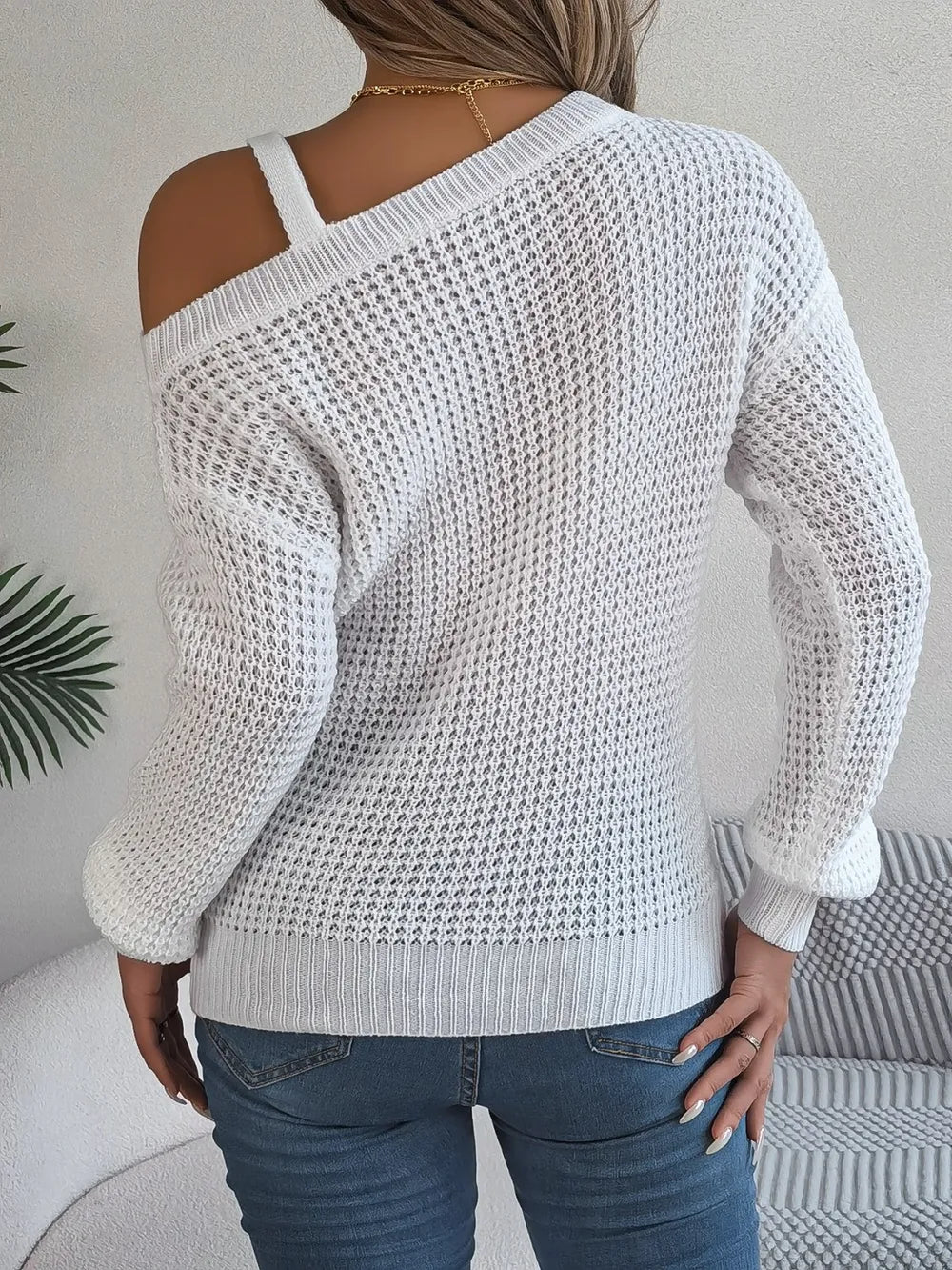 Asymmetrical Neck Long Sleeve Sweater - Fashorio