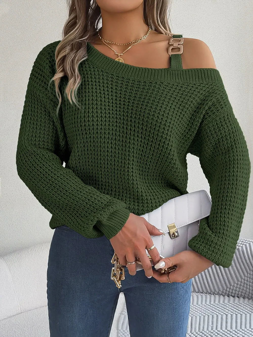 Asymmetrical Neck Long Sleeve Sweater - Fashorio