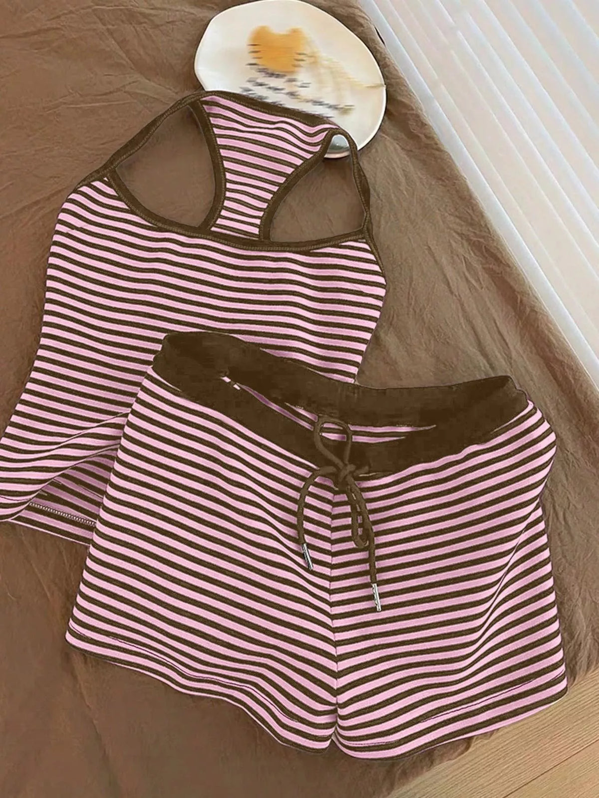Striped tank top and shorts set front view