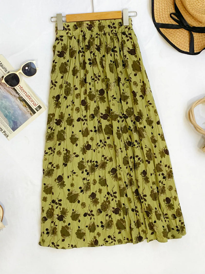 Floral print elastic waist midi skirt front view